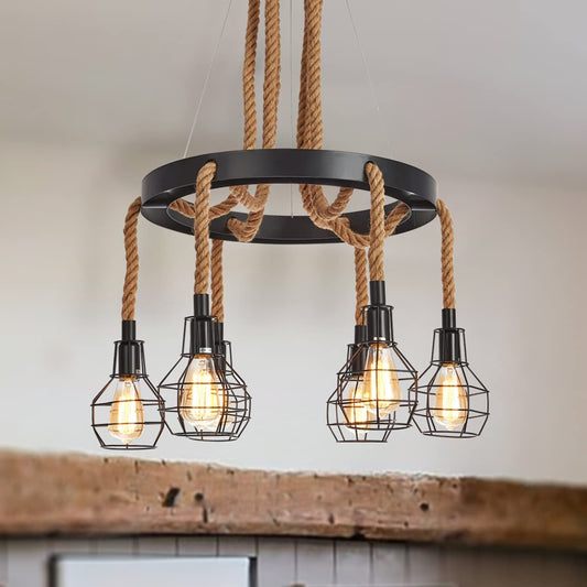 Rustic Wagon Wheel Rope Pendant Light