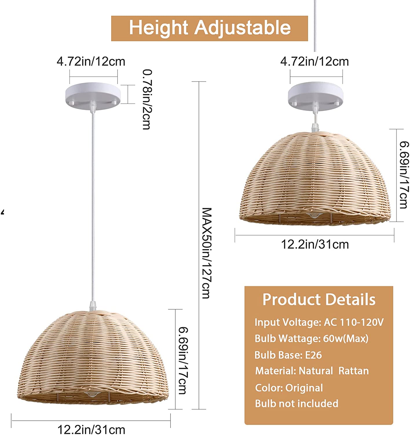 Rattan Woven Wicker Dome Shaped Bamboo Pendant Light